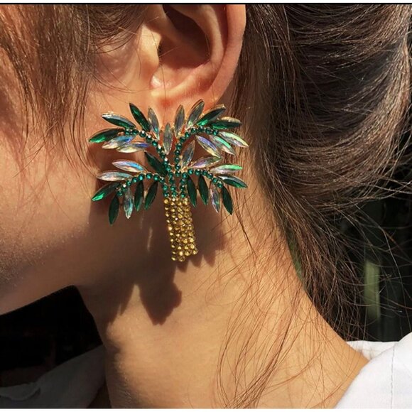 Large Green earring Tree Rhinestone Crystal oversized emerald Earring statement - Picture 1 of 8
